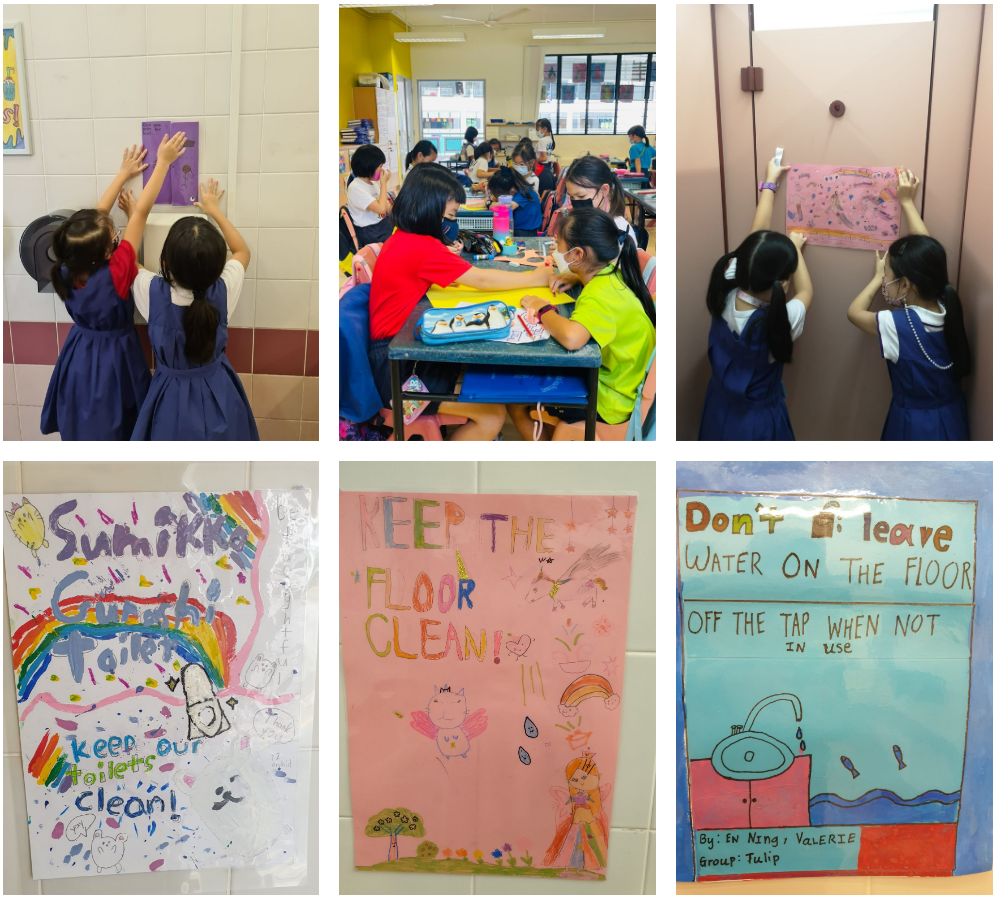 Students making and displaying handmade posters with hygiene messages like keep toilets clean and turn off taps.
